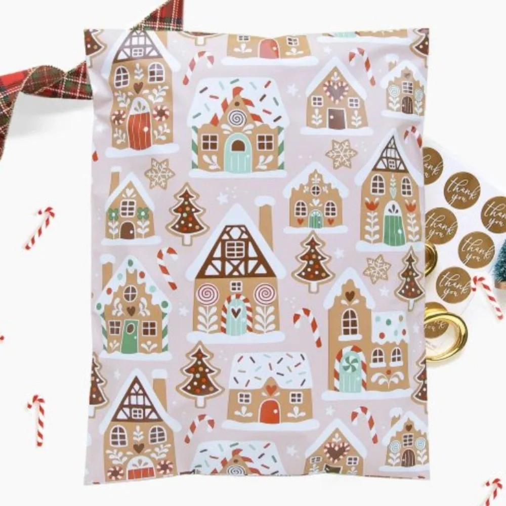 Set of 20 14x17 Festive Gingerbread House Poly Mailer